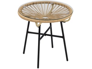 Table d'appoint extérieure ronde 50x50x50 cm – noir et beige – plateau en verre trempé et résine tressée