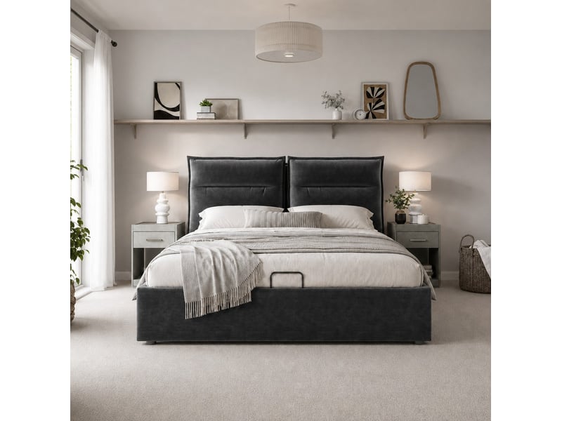  Lit coffre tcqpz 140 x 200 cm velours noir tête de lit réglable cadre métal sans matelas  - Conforama D