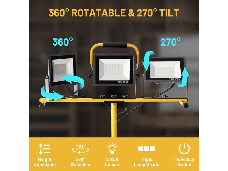  Projecteur led sur trépieds,3 x 70w avec trépied télescopique en réglable, étanche ip66  - Conforama C