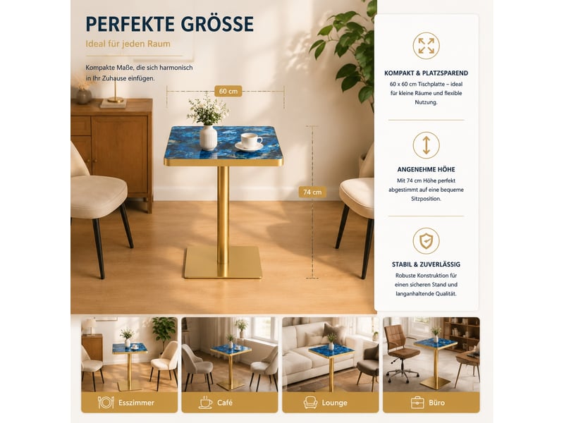 Table à manger carrée,60x60x74 cm,avec piètement métal,mdf,bleu effet marbre - Conforama C