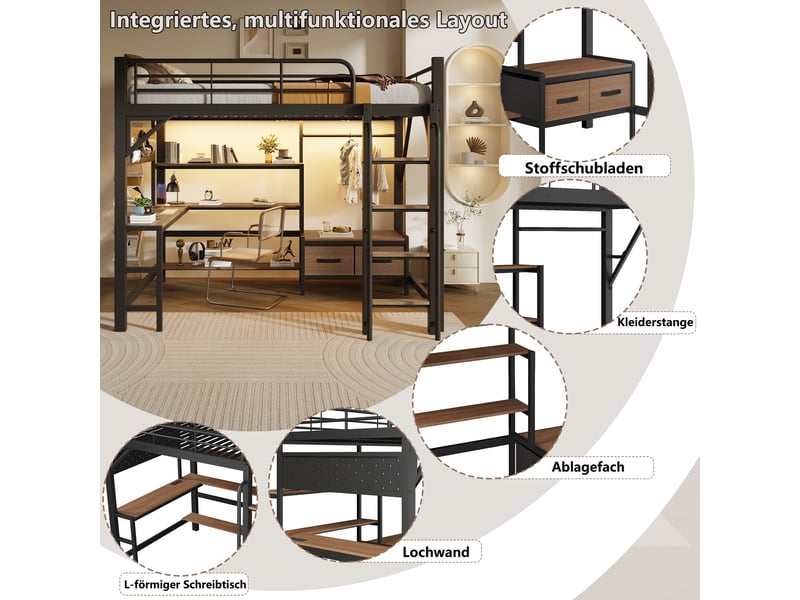  Lit mezzanine enfant 140×200 cm bureau, led réglable, usb et rangement  - sans matelas, métal mdf - noir  - Conforama E
