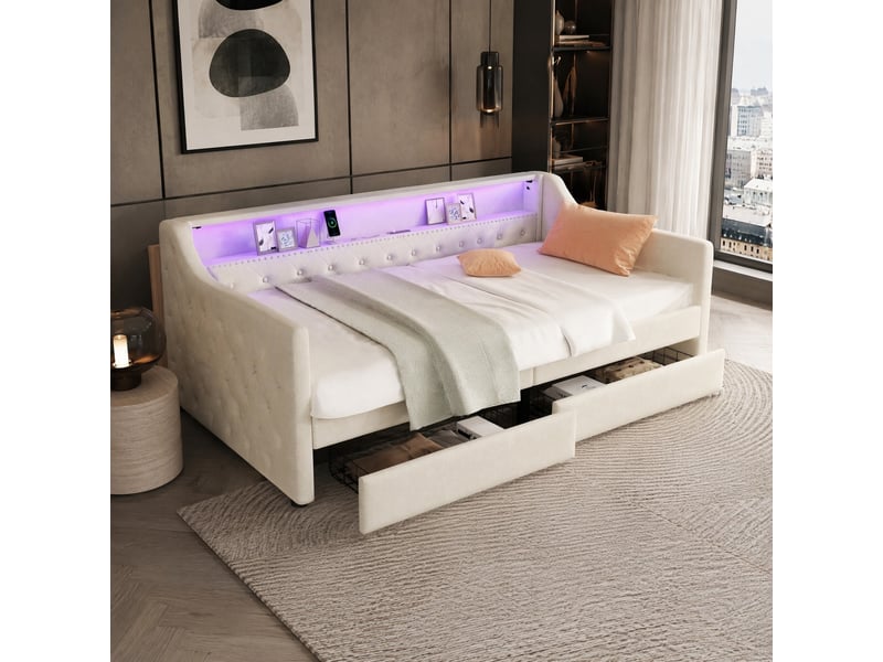  Lit banquette simple 90×200 cm usb, led réglable et 2 tiroirs  - sans matelas, lin et mdf - beige  - Conforama B