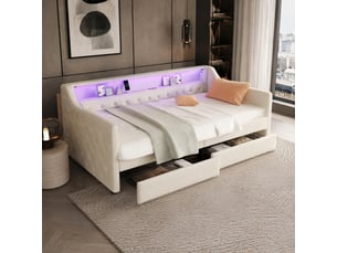 Lit banquette simple 90×200 cm usb, led réglable et 2 tiroirs - sans matelas, lin et mdf - beige