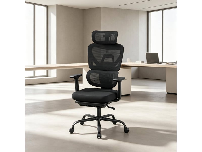  Chaise de bureau ergonomique pivotante avec repose-pieds, appui-tête et accoudoirs réglables en maille noire  - Conforama D