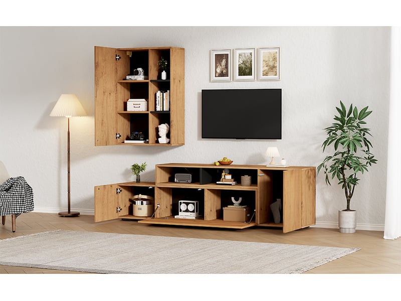 Ensemble meuble tv modulable rayofi bois et noir - meuble bas + meuble mural  - Conforama E
