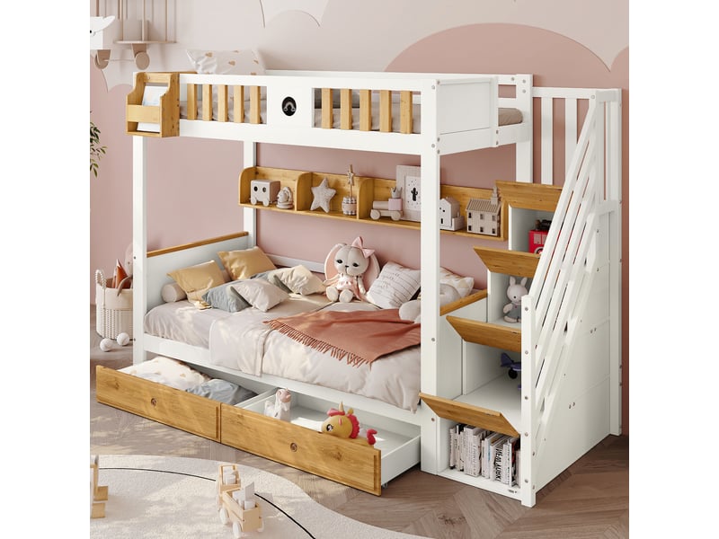 Lit superposé enfant 90 x 200 cm, escalier avec 4 casiers, 2 tiroirs, étagère ouverte et barrières de sécurité, pin, mdf, blanc et naturel evarich - Conforama B