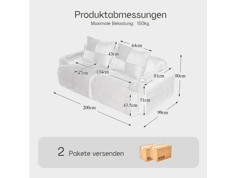 Canapé modulaire 2 places avec porte-gobelets et poche latérale, en velours côtelé gris foncé 200 × 99 × 80 cm - Conforama E