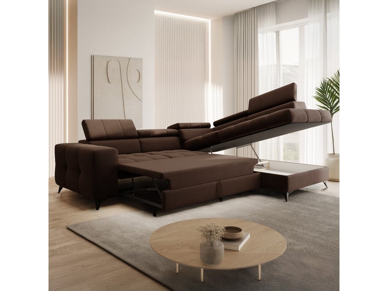 Canapé d'angle droit convertible gaspard velours marron - Conforama D