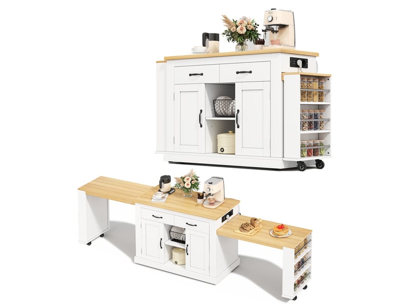 Îlot de cuisine extensible avec double plan de travail, longueur maximale 340 cm, prises électriques et ports usb, 142x55x93cm - Conforama E