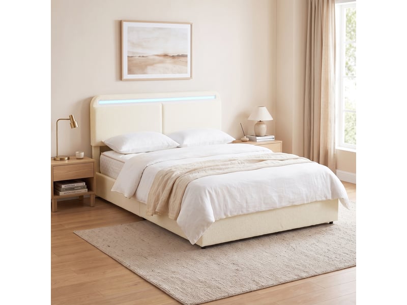 Lit coffre led 160x200cm - tête de lit réglable, pied de lit et sommier - télécommande, vérins pneumatiques - flanelle crème - Conforama D