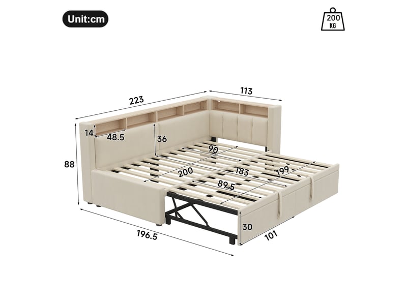 Canapé-lit 90 x 200 cm 180 x 200 cm – avec lit gigogne – avec éclairage led – revêtement en lin – beige (matelas non inclus) - Conforama C