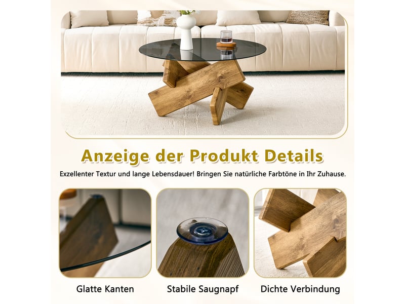  Table basse ronde en verre trempé, socle géométrique en mdf effet bois, ø 79 cm, hauteur 45 cm  - Conforama W