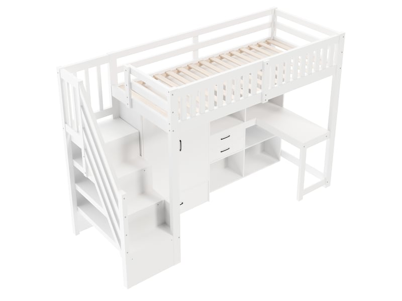  Lit superposé, 90 x 200 cm, échelle de rangement, armoire, bureau, tiroirs, compartiments de rangement, sans matelas, blanc  - Conforama D
