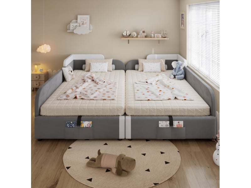  Lit simple enfant 90x200 cm x2 – gris et blanc – coffre hydraulique, barrière souple, sans matelas  - Conforama B