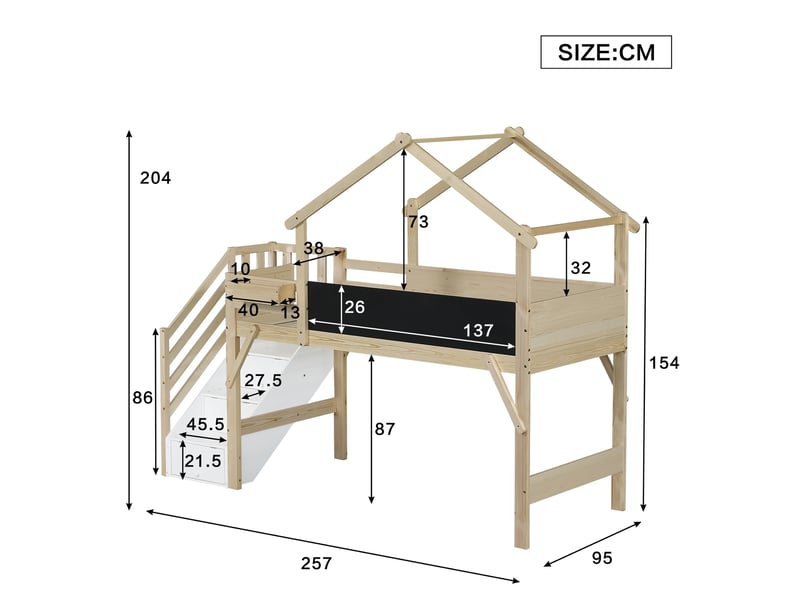  Lit superposé enfant simple 90×200 cm, escalier, 3 rangements et tableau  - sans matelas, bois blanc naturel  - Conforama D