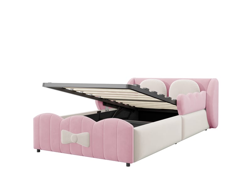 Lit enfant rembourré 90x200cm en velours, lit coffre avec hydraulique, 2 grands coussinets, design ailes, beigerose - Conforama A