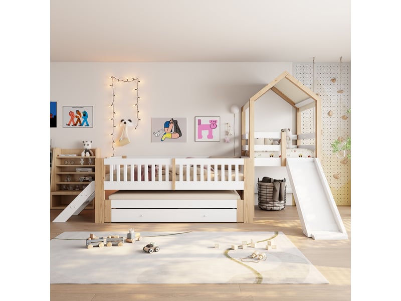 Lit gigogne 90x190 cm - lit cabane enfant 90x200 cm avec toboggan - escalier, tiroirs et toit en tissu - blanc - Conforama B