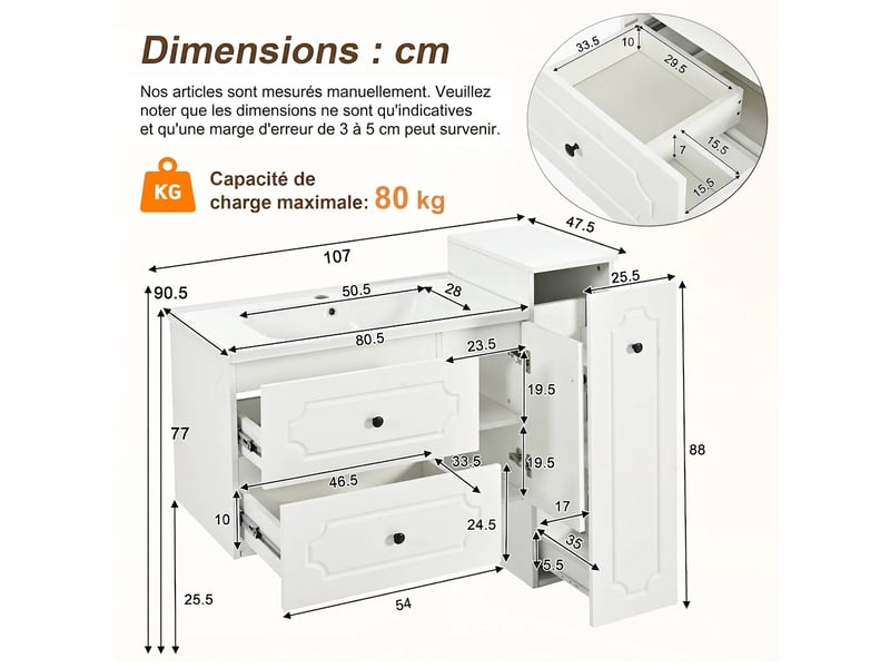  Meuble salle de bain 107 cm avec colonne ensemble meuble vasque céramique blanc  - Conforama E