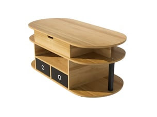 Table basse 105x50x45-60 cm relevable, coffre et 2 tiroirs en tissu, plateau ovale, panneaux de particules, bois et noir