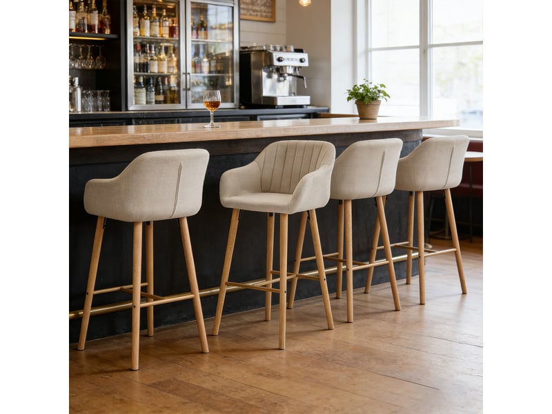  Lot de 4 chaises de bar, siège 75 cm de haut, avec accoudoirs et repose-pieds, pieds en bois massif, beige  - Conforama B