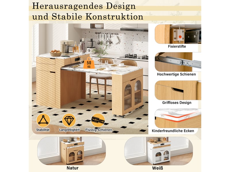 Îlot de cuisine 80x56.2x93 cm - extensible - grand rangement - sur roulettes - portes vitrées - étagères réglables - avec tiroirs - bois naturel CozyNest - Conforama E