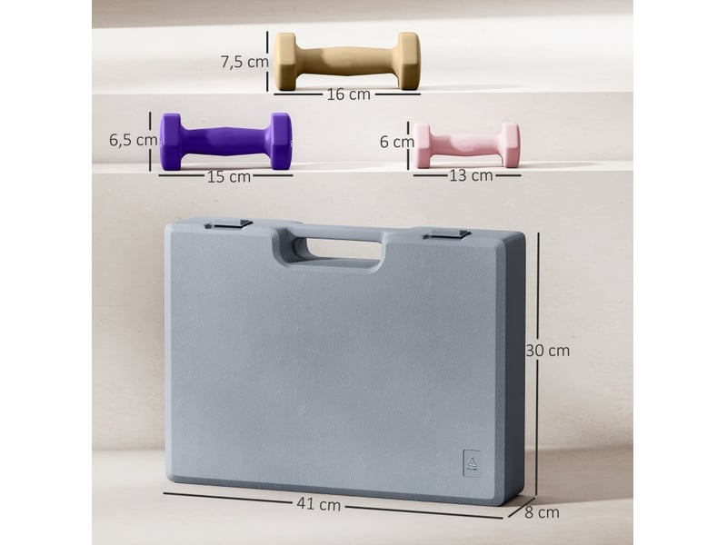  Set de 6 haltères en acier rose de 1 à 2 kg, revêtement plastique, mallette pour entraînement à domicile  - Conforama C