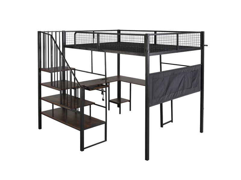 Lit mezzanine,140x200 cm,avec bureau d’angle et escalier,métal,noir  - Conforama D