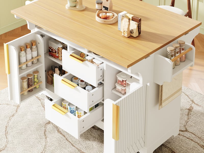  Îlot de cuisine mobile 120 x 40 x 95 cm, plateau extensible, 3 tiroirs, 2 portes et roulettes, blanc, en mdf robuste  - Conforama B