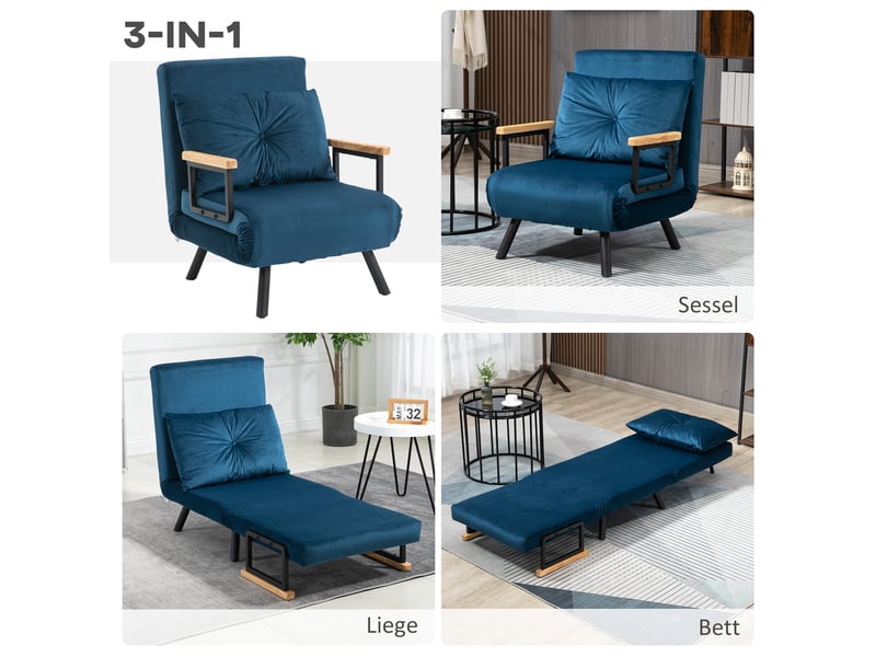 Fauteuil-lit bleu en velours, dossier réglable 5 positions, fauteuil convertible avec coussin pour petit espace - Conforama B