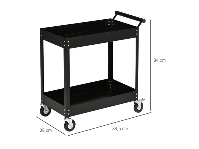  Chariot d'atelier 2 niveaux en acier noir, servante à outils mobile avec poignée latérale, 4 roues, charge 150 kg, 84,5x38x84 cm  - Conforama E