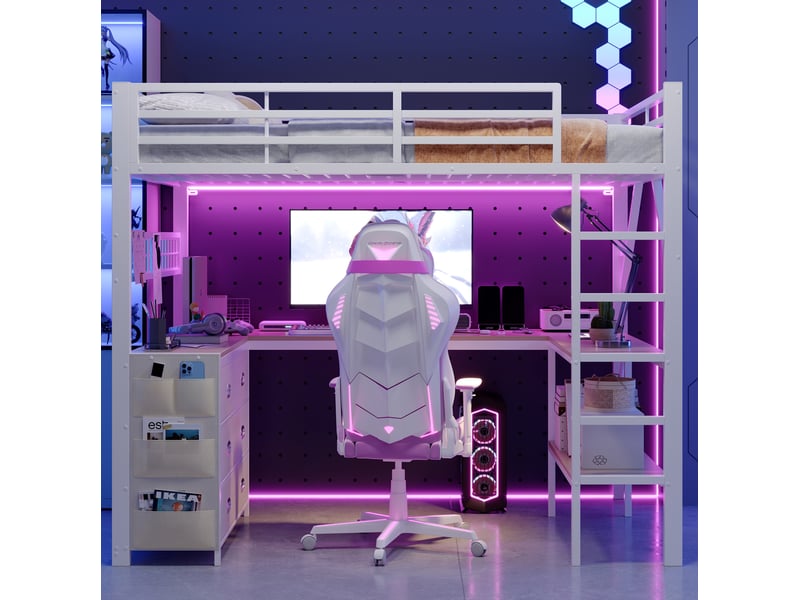  Lit mezzanine 140 × 200 cm avec bureau, étagères, tiroirs et led en métal pour chambre 204 × 145 × 172 cm  - Conforama D