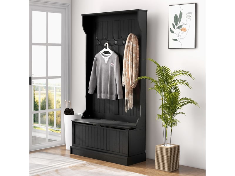 Porte-manteau avec banc de rangement pour chaussures et 5 crochets, style moderne, 96 x 34 x 179,7 cm, noir - Conforama C