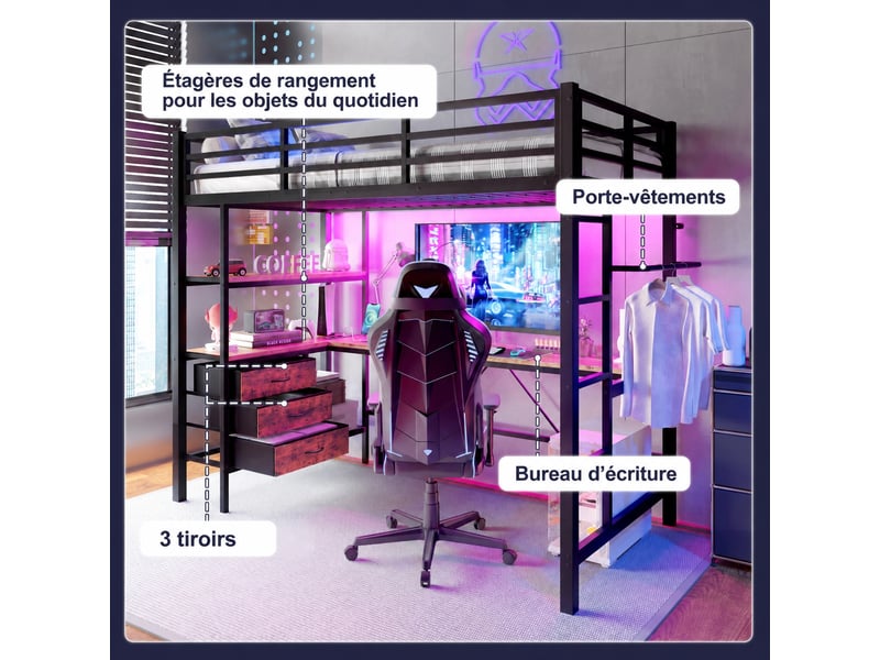  Lit mezzanine 90 x 200 cm avec bureau, 3 tiroirs et étagères, métal et mdf noir, led télécommandées  - Conforama R