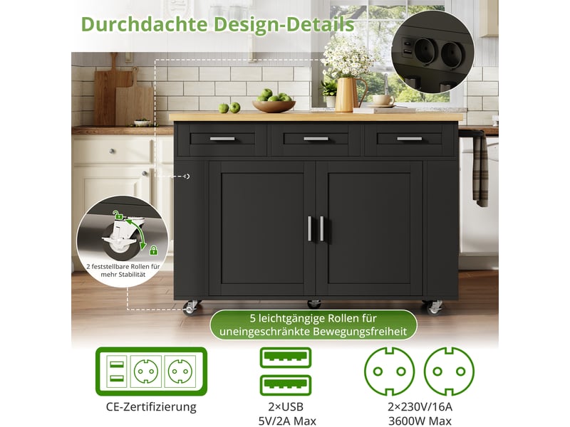  Desserte de cuisine mobile plateau rabattable tiroirs et roulettes 120x70x84 cm N635P45245051S - Conforama E