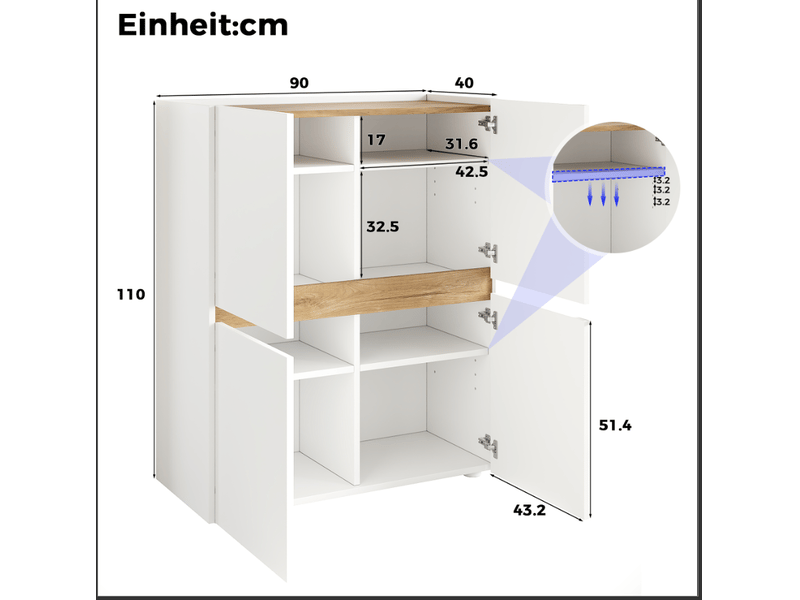  Armoire de rangement 90x40x110 cm blanc et chêne clair, panneau de particules, 4 portes et 8 compartiments  - Conforama C