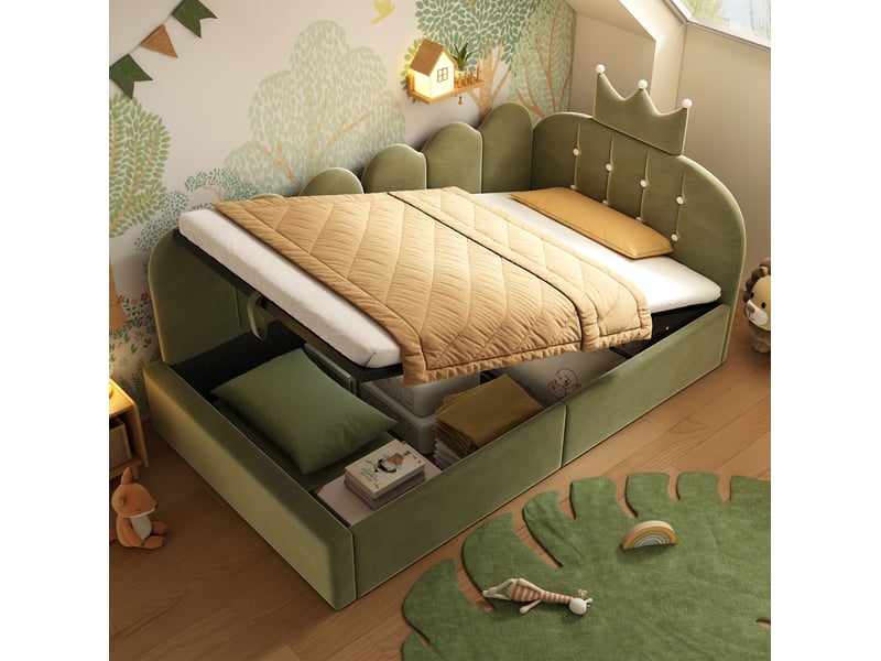  Modenvie lit banquette 90x190 cm - avec rangement hydraulique, velours capitonné, sans matelas - vert  - Conforama E