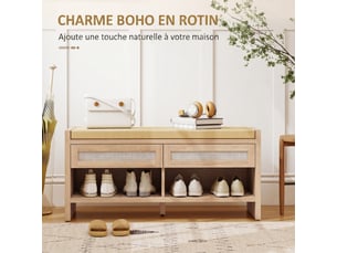 Banc chaussures entrée, banc de rangement, assise rembourrée en lin, chêne, 2 tiroirs en rotin et étagère ouverte