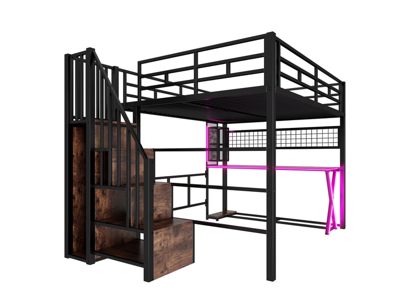  Lit mezzanine 160 x 200 cm – avec éclairage led – échelle avec rangements – avec bureau – noir (matelas non inclus)  - Conforama W