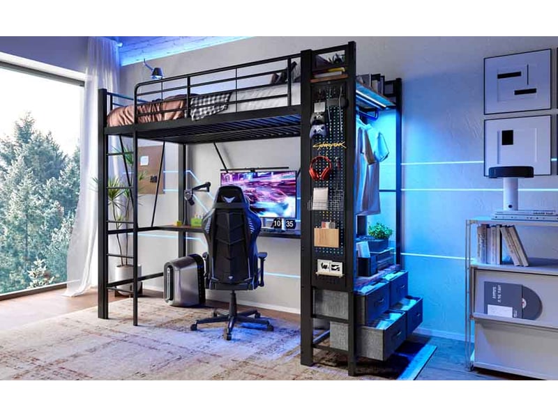  Lit mezzanine 90 × 200 cm, bureau, 4 tiroirs latéraux, panneau perforé, penderie, led et usb, métal et mdf, noir  - Conforama B