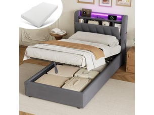 Lit pour enfant 90 × 200 cm 1 place avec prises électriques et éclairage led, lit rembourré avec coffre de rangement, grand espace de rangement, avec matelas, gris