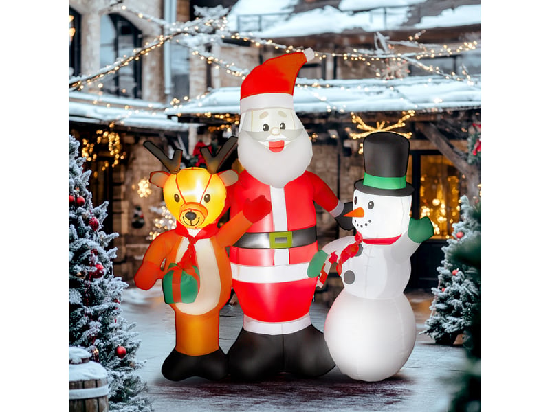  Père noël gonflable de 150 cm avec rennes et bonhomme de neige, lumières led et gonfleur électrique pour jardin et pelouse extérieurs.  - Conforama C
