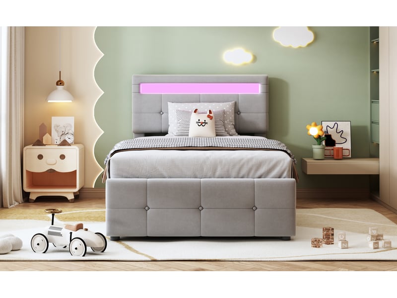  Lit coffre enfant 90x200 cm gris velours mdf et métal avec éclairage led tête de lit réglable rangement hydraulique Sol Morn - Conforama B