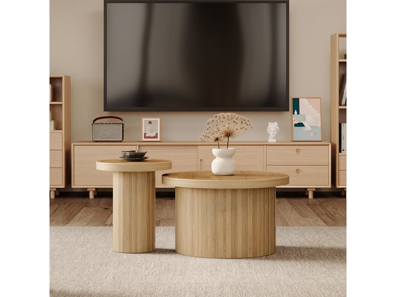  Tables basses gigognes rondes avec structure à lattes, style moderne, pour salon, en mdf, coloris naturel  - Conforama B