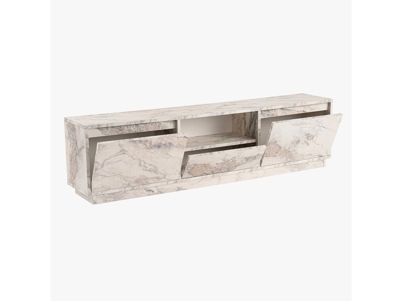  Meuble tv 3 portes 1 niche couleur marbre blanc et gris  - Conforama E