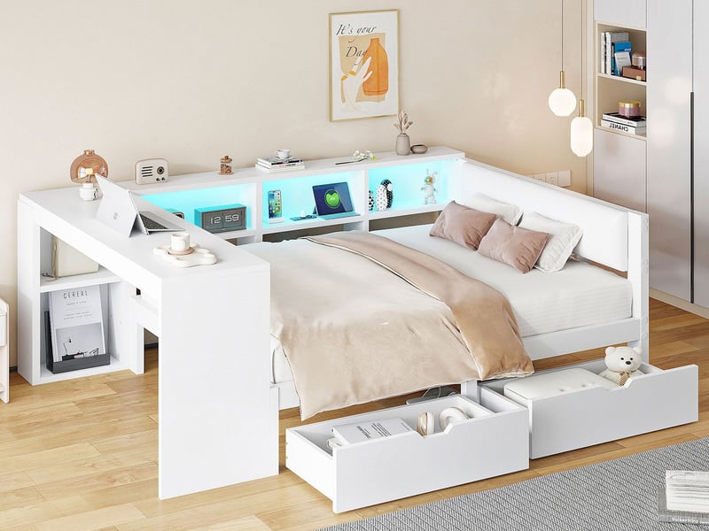  Lit plateforme en bois, 140x200 cm, avec espaces de rangement, tiroirs, station de charge et éclairage led multicolore, blanc  - Conforama B