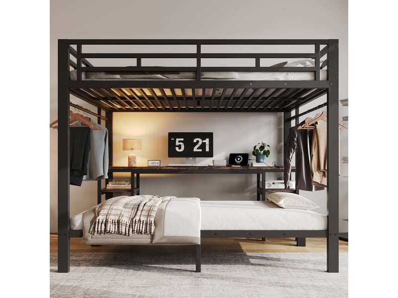 Lit superposé 90140x200 cm noir en métal avec bureau, penderie, échelles et prises - Conforama B