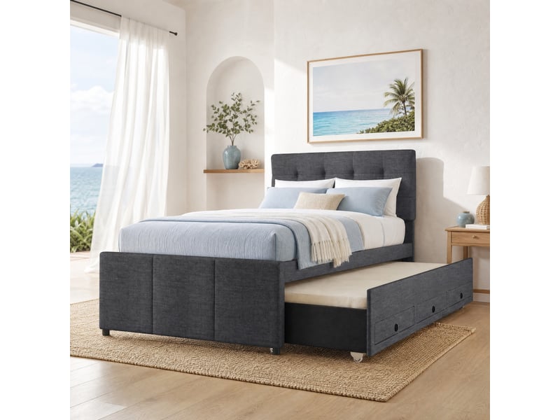  Lit gigogne 90x200 cm avec 3 tiroirs et tête de lit réglable, gris  - Conforama B
