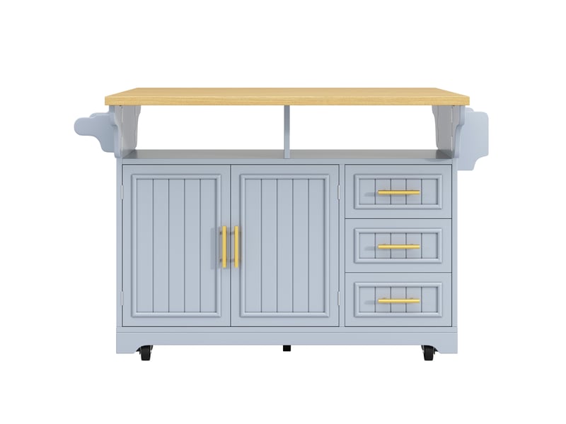  Desserte 2 portes 3 tiroirs - îlot de cuisine mobile à plateaux rabattables 143x40x95 cm mdf bleu gris  - Conforama D