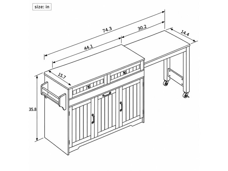  Îlot de cuisine extensible 188,6 x 36,7 x 91 cm, 2 tiroirs, noir et naturel  - Conforama C