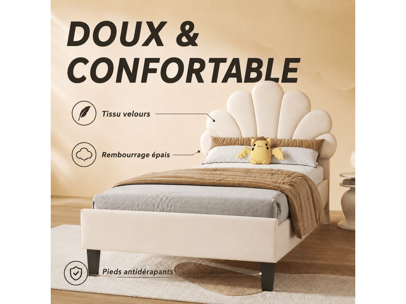  Lit enfant 90x190 avec sommier à lattes - lit rembourré 1 places avec tête de lit réglable en forme de fleur - tête de lit florale réglable - lit simple - lit simple avec tête de lit fleur réglable en hauteur - 1 personne - velo…  - Conforama R